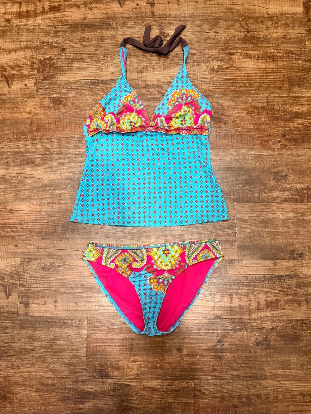 Athleta Turquoise & Pink Patterned Tankini Bikini Set